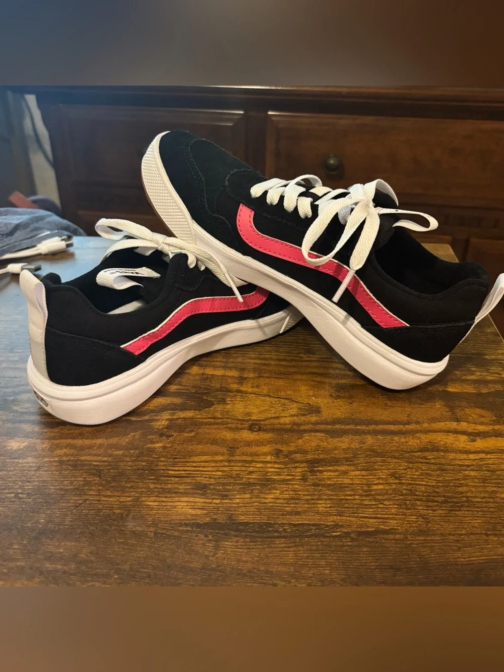 Vans Black Suede Low-Top Sneakers with Pink Stripe and White Sole